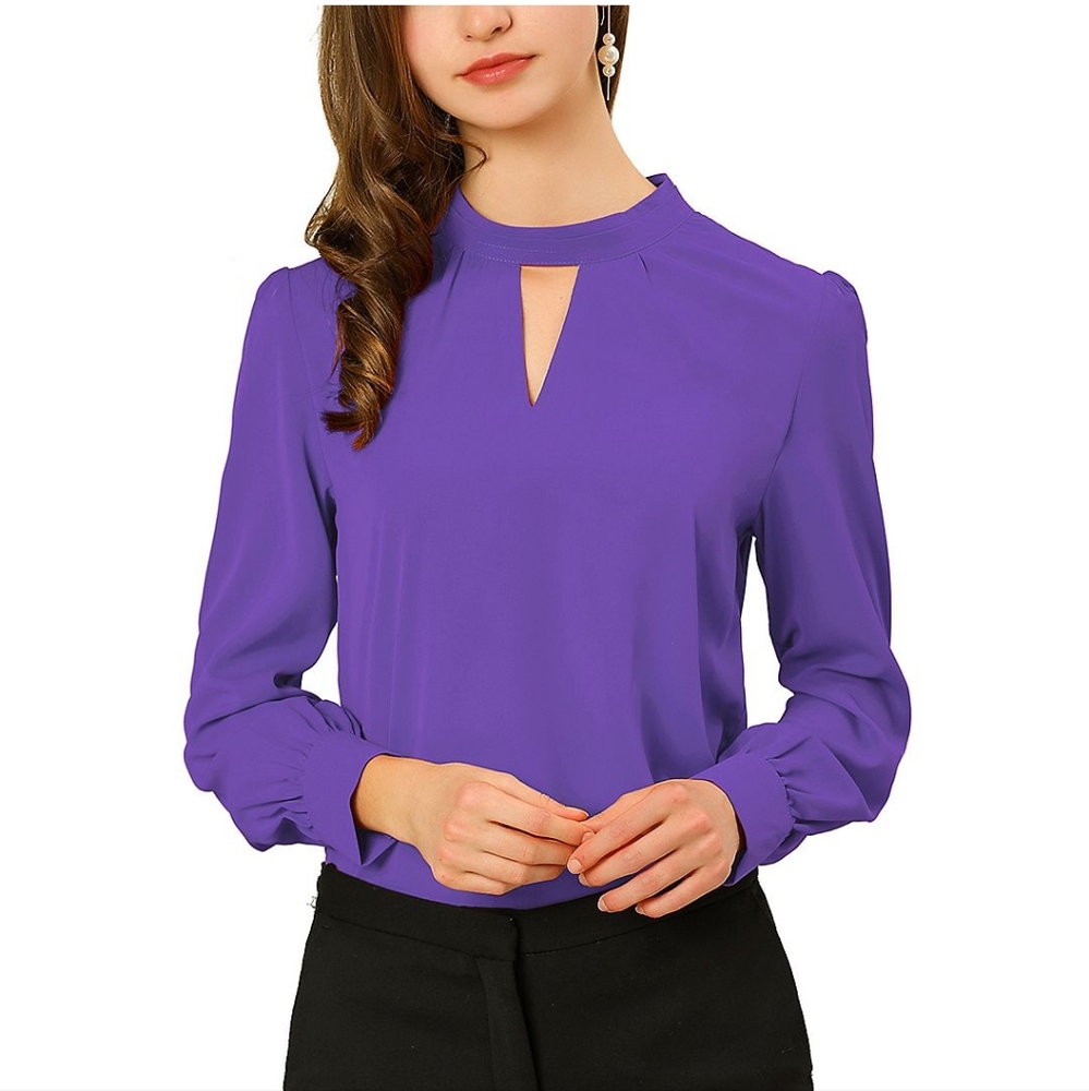 Allegra K Purple Keyhole Stand Collar Pleated Back Button Blouse